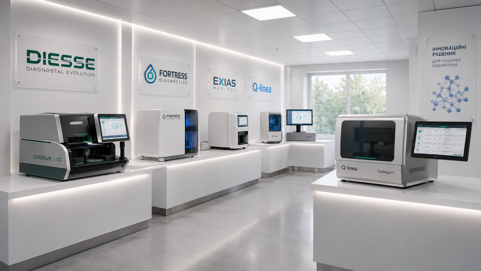Pinol Ukraine showroom with diagnostic analysers from Diesse, Fortress, Exias and Q-linea
